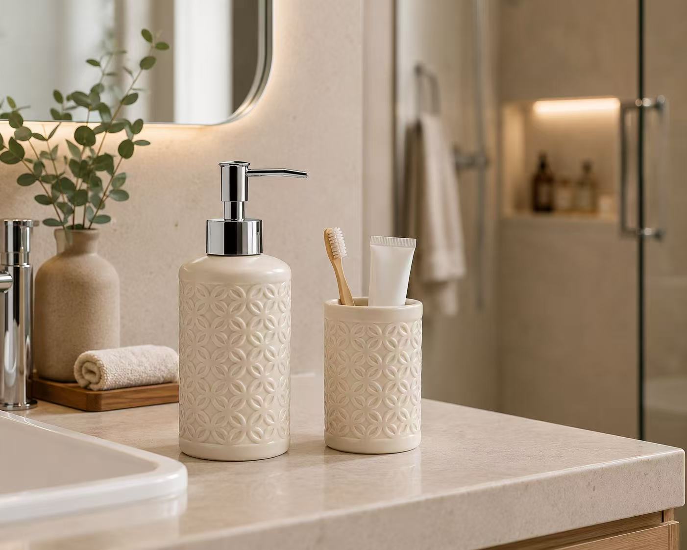 Set de Baño de Cerámica, Dispensador de Jabón y Vaso para Cepillos de Dientes, Accesorios para Baño y Lavabo, Diseño Moderno