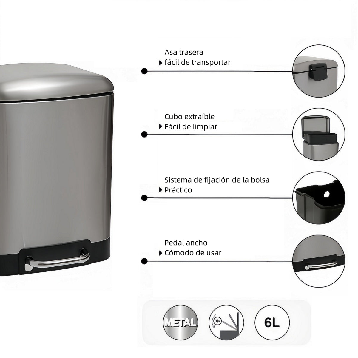 DAMDAM GO Papelera Baño Con Tapa de Metal 6L - Cubo de Basura Para Cocina Con Tapa y Pedal Cierre Silencioso