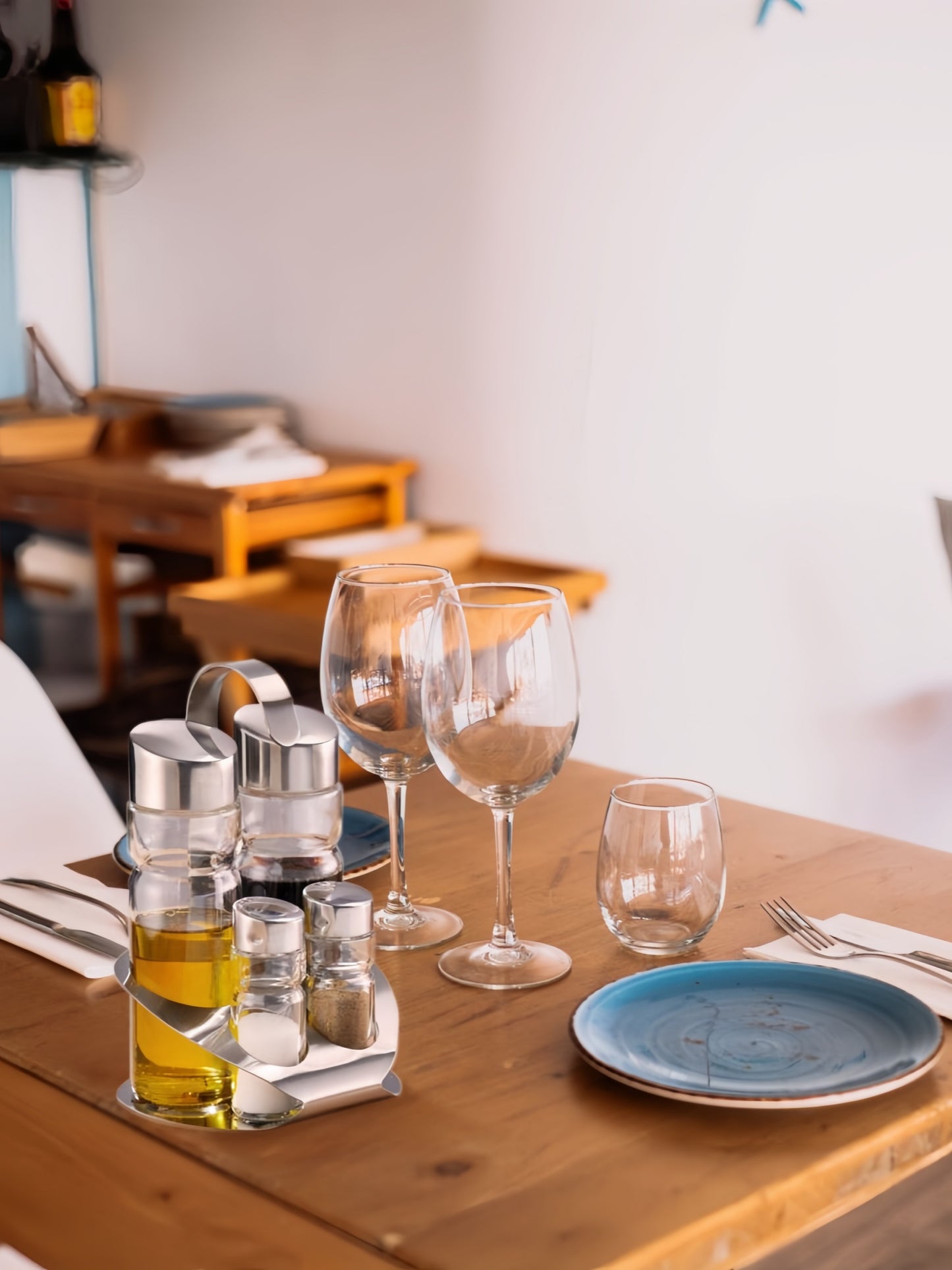 Set de Aceitera y Vinagrera, Vidrio, Acero Inoxidable, Juego de 4 Especieros, con Asa Fácil Transporte, Ideal Para Cocina, Comedor o Restaurante