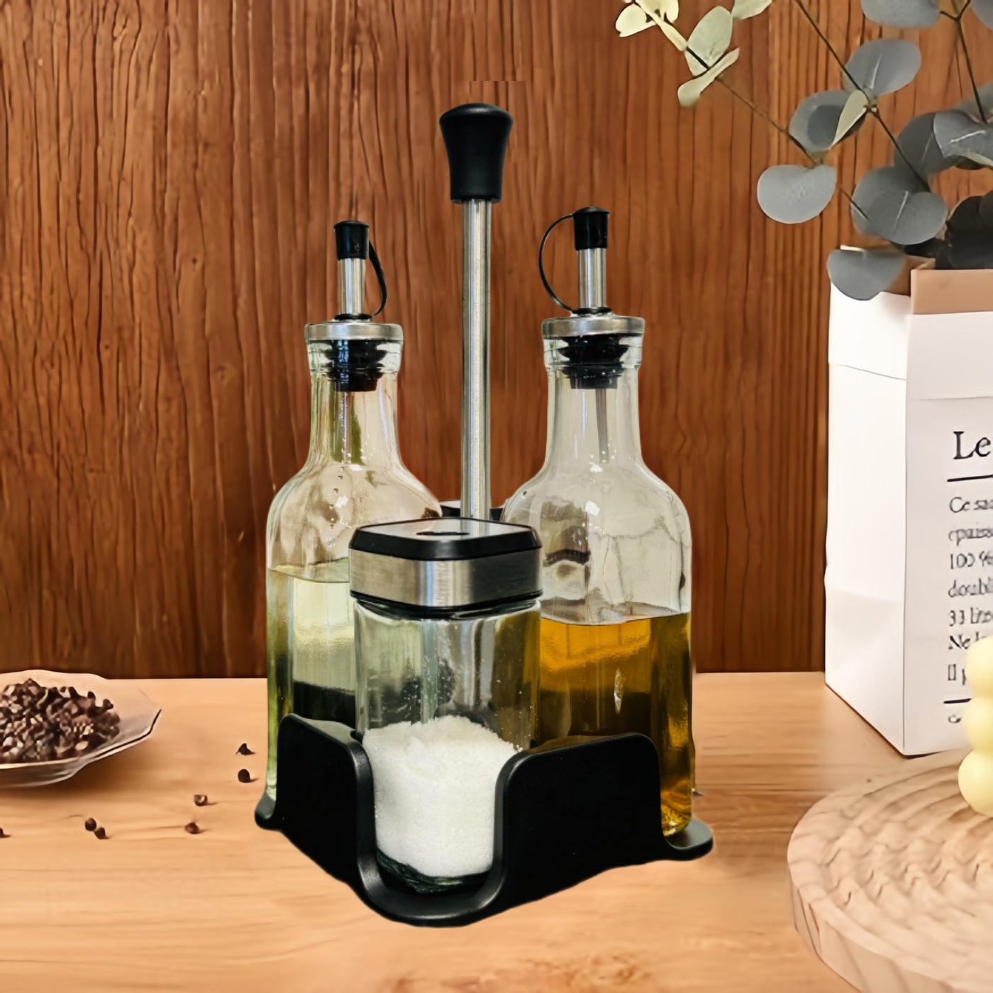 DAMDAM GO Set de Aceitera de Cristal Para Cocina, Juego de Aceitera, Vinagrera, Salero y Pimentero, Con Tapón Anti-Suciedad