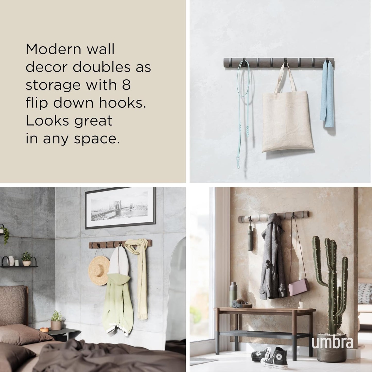 Umbra Flip Perchero de pared con 8 ganchos extraíbles