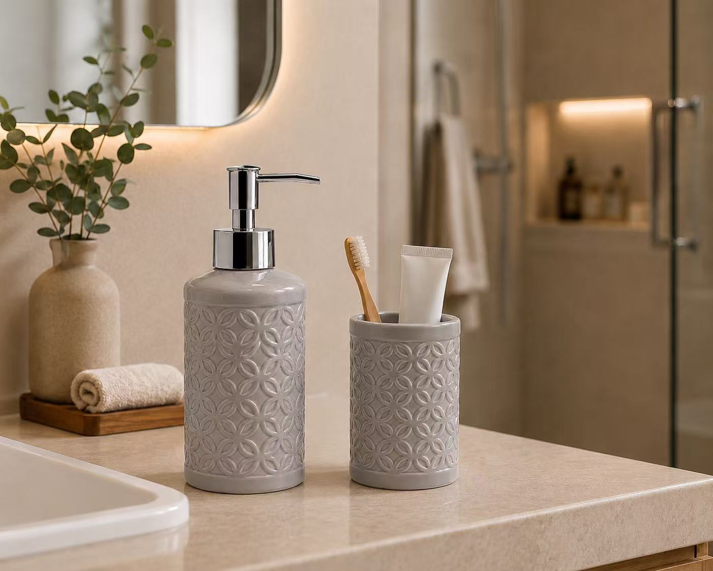 Set de Baño de Cerámica, Dispensador de Jabón y Vaso para Cepillos de Dientes, Accesorios para Baño y Lavabo, Diseño Moderno