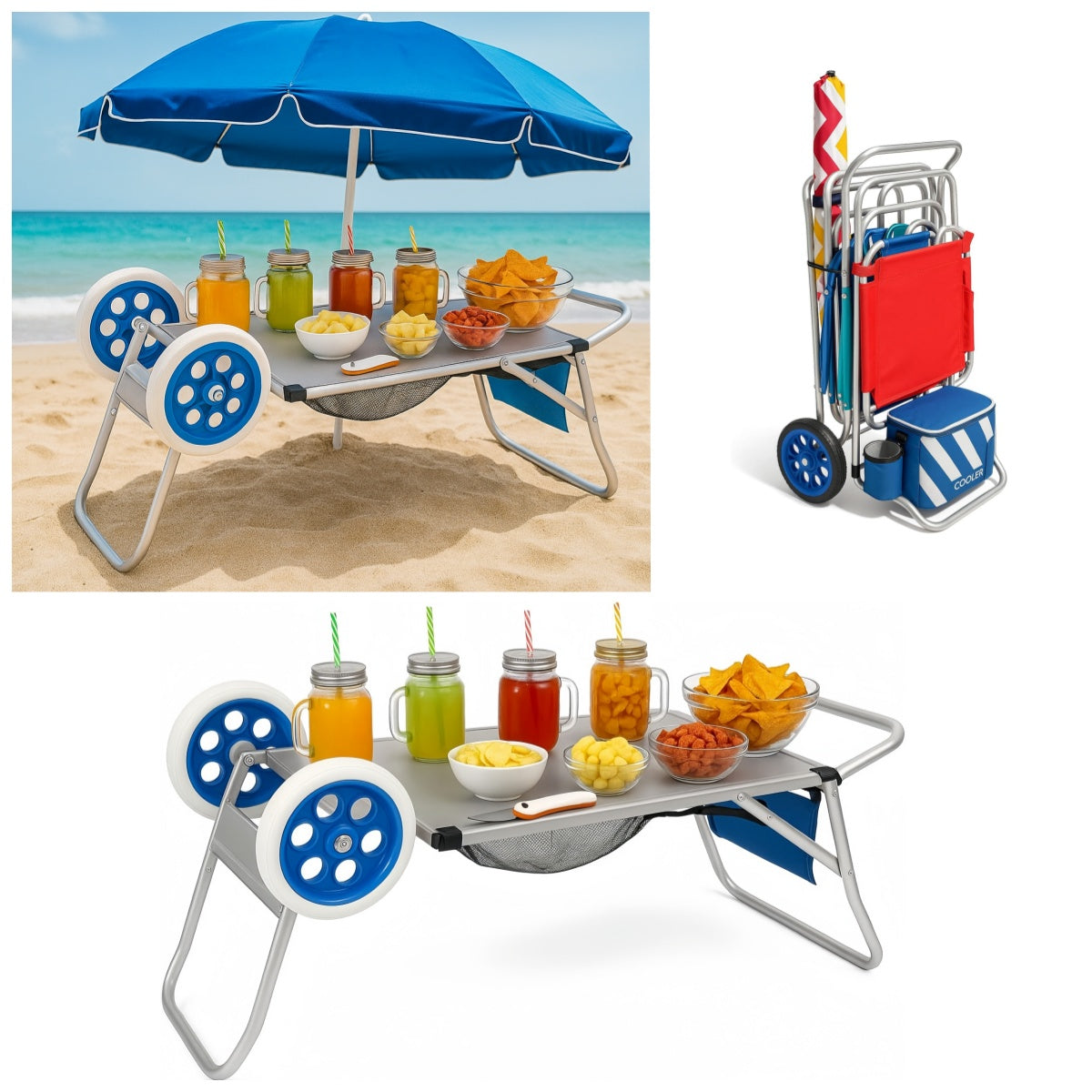 Carro de Playa Plegable Carrito Transporte con Ruedas Grandes Todo Terreno, Estructura Ligera de Aluminio, Bolsa de Almacenaje, Ideal para Vacaciones y Camping