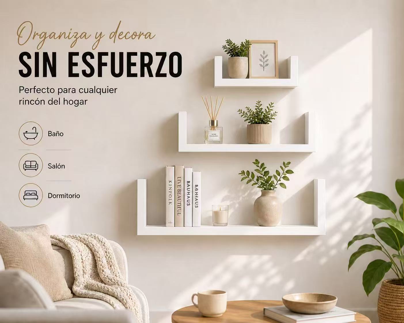 Estanterías de Pared Flotantes Set de 3, Baldas Decorativas en U de Madera, Repisas Modernas para Salón, Dormitorio, Baño y Cocina, Estantes Minimalistas con Soporte Invisible