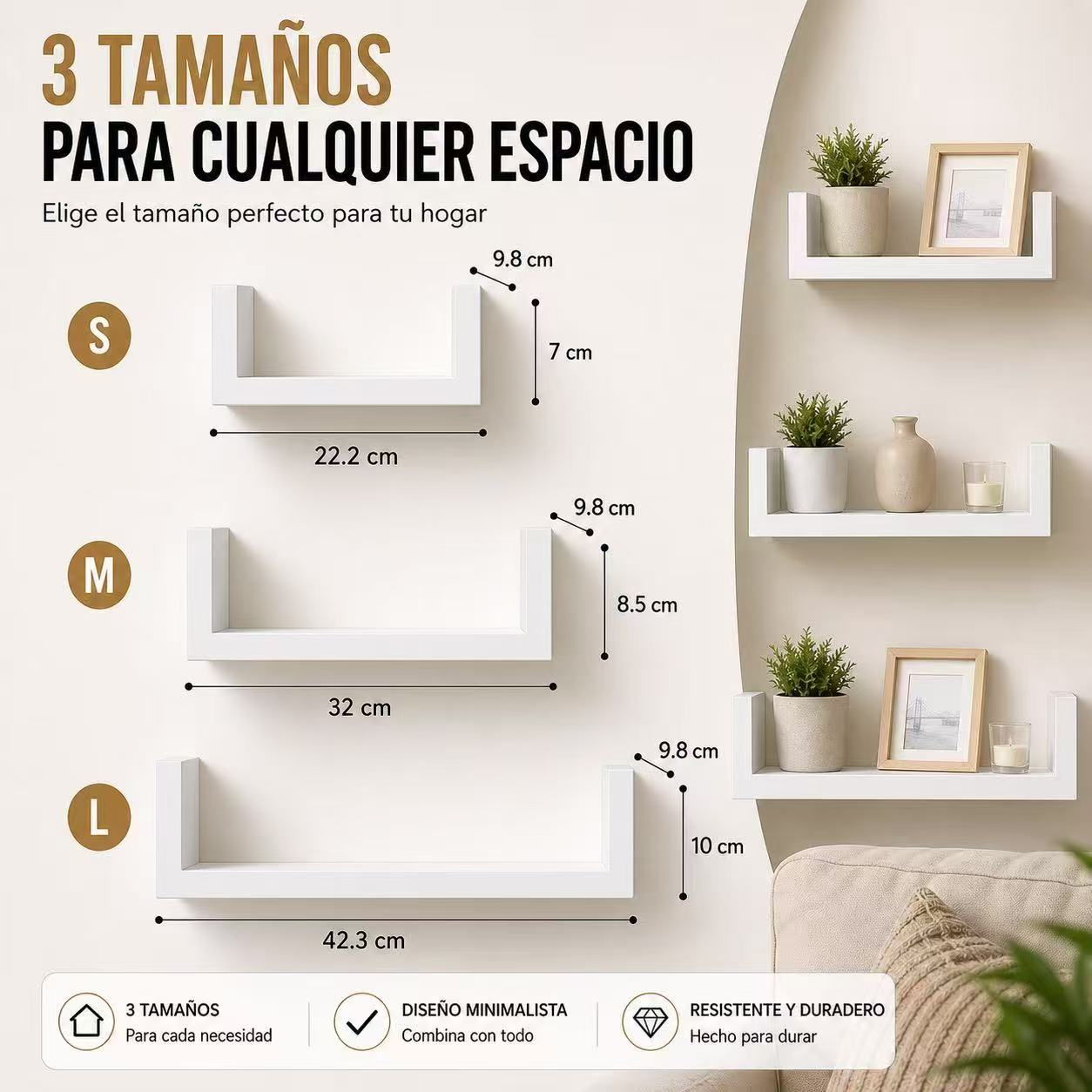 Estanterías de Pared Flotantes Set de 3, Baldas Decorativas en U de Madera, Repisas Modernas para Salón, Dormitorio, Baño y Cocina, Estantes Minimalistas con Soporte Invisible