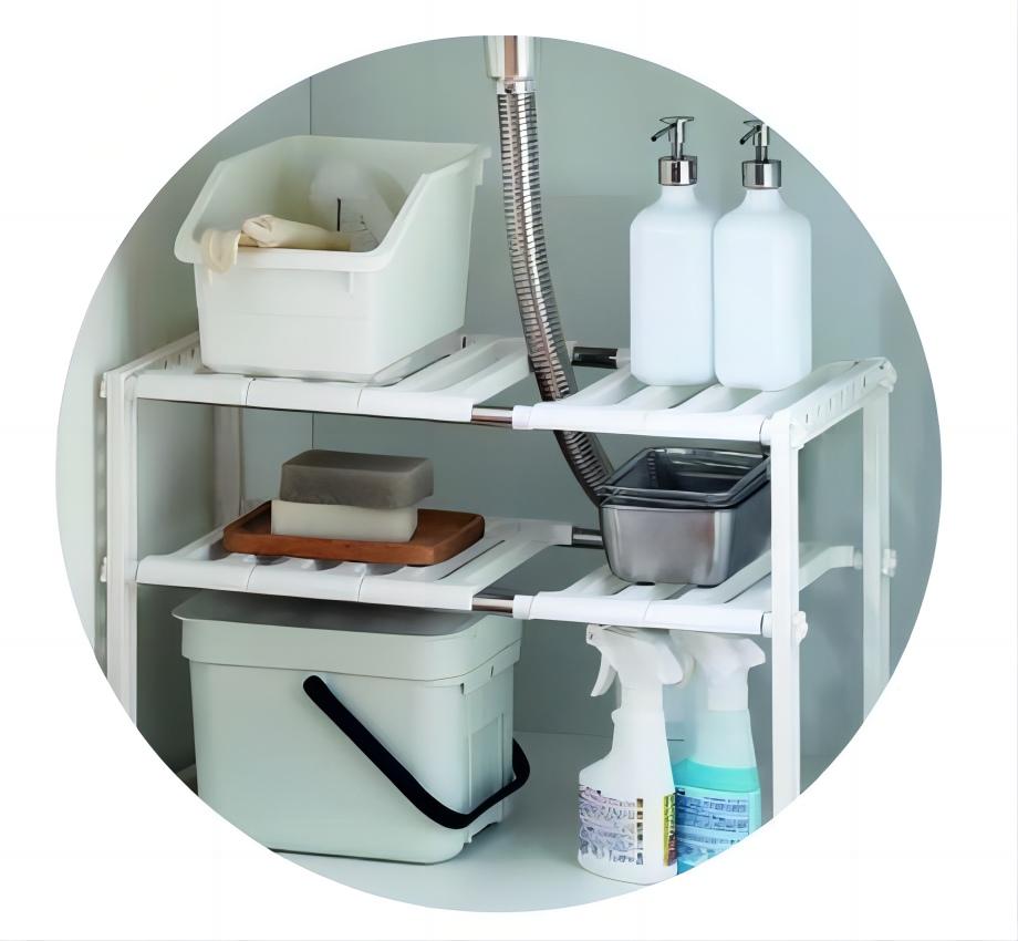 DAMDAM GO Estantería para Bajo Fregadero 2 Niveles, Acero Inoxidable y Plástico Regulable, Extensible Multifunción Ajustable, para Cocina y Baño