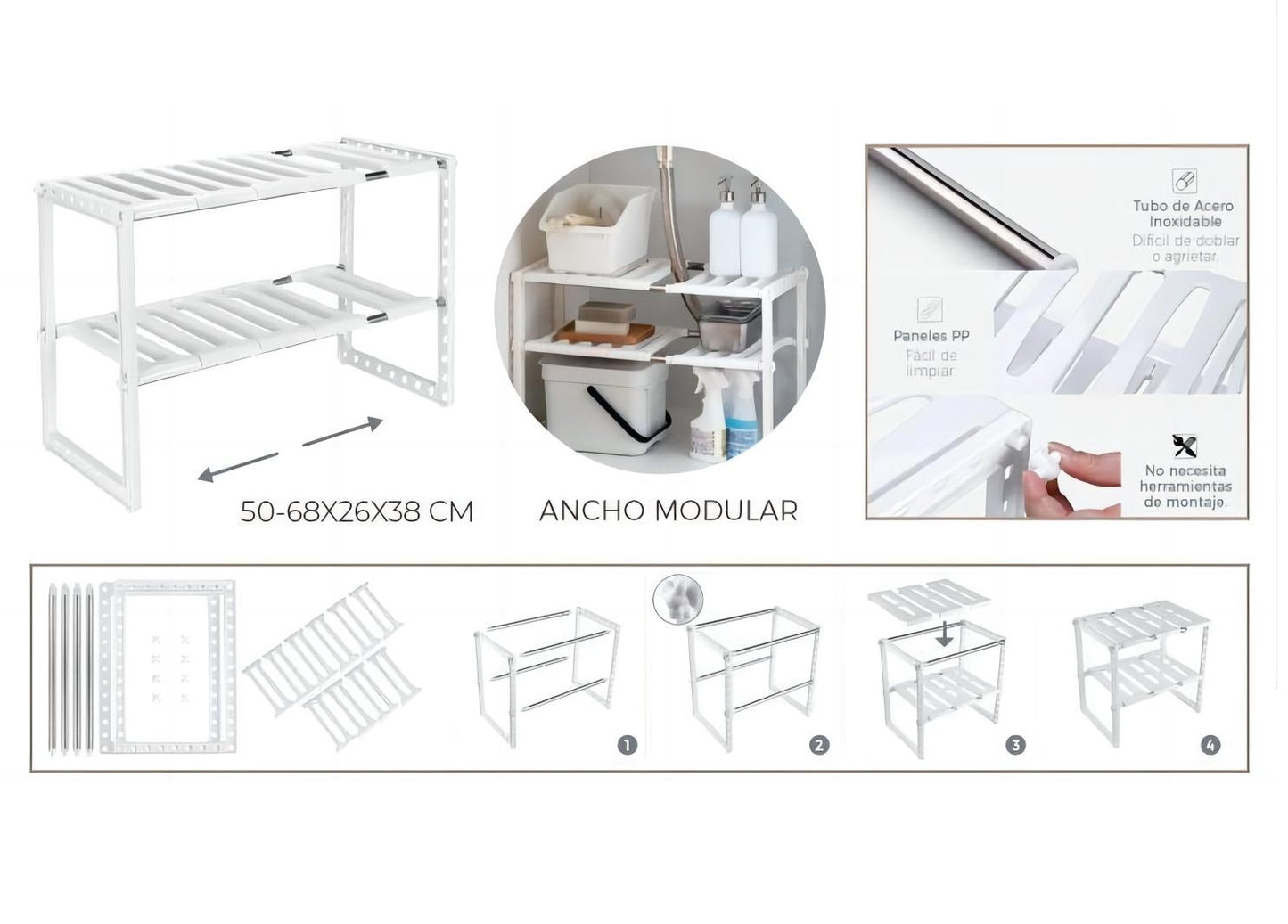 DAMDAM GO Estantería para Bajo Fregadero 2 Niveles, Acero Inoxidable y Plástico Regulable, Extensible Multifunción Ajustable, para Cocina y Baño
