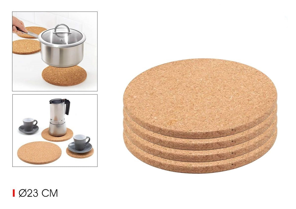 Salvamanteles Redondos de Corcho, Resistentes al Calor y Antideslizantes, Para Ollas, Sartenes, Platos, Diámetro Ø23 cm, 4 Unidades