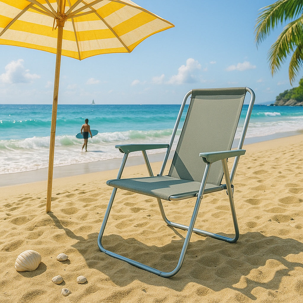 Silla de Playa Plegable Compacta, Ultraligera, con Respaldo Alto y Reposabrazos, Fácil de Transportar, Ideal para Playa, Camping, Terraza, Jardín, Balcón y Exterior