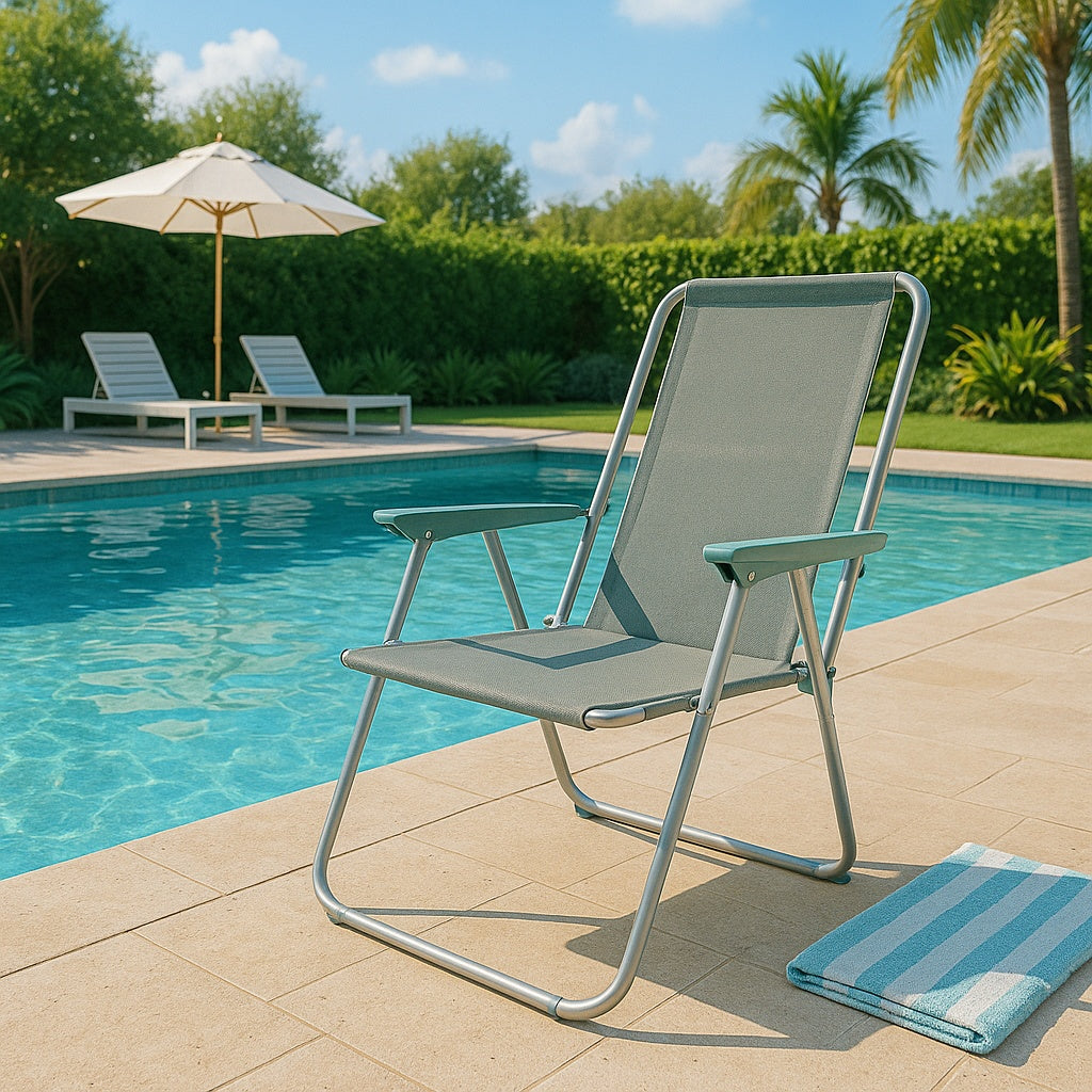 Silla de Playa Plegable Compacta, Ultraligera, con Respaldo Alto y Reposabrazos, Fácil de Transportar, Ideal para Playa, Camping, Terraza, Jardín, Balcón y Exterior