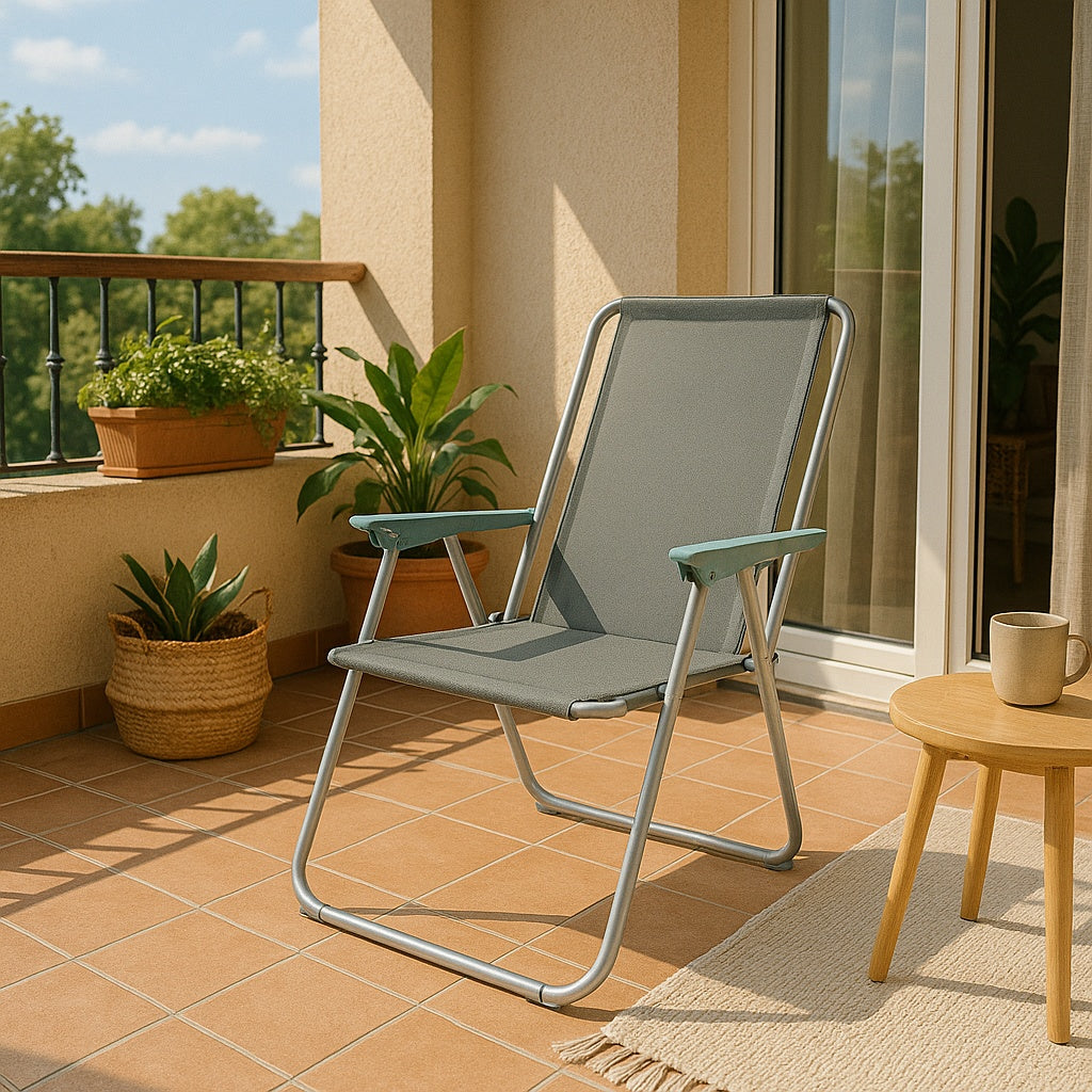 Silla de Playa Plegable Compacta, Ultraligera, con Respaldo Alto y Reposabrazos, Fácil de Transportar, Ideal para Playa, Camping, Terraza, Jardín, Balcón y Exterior