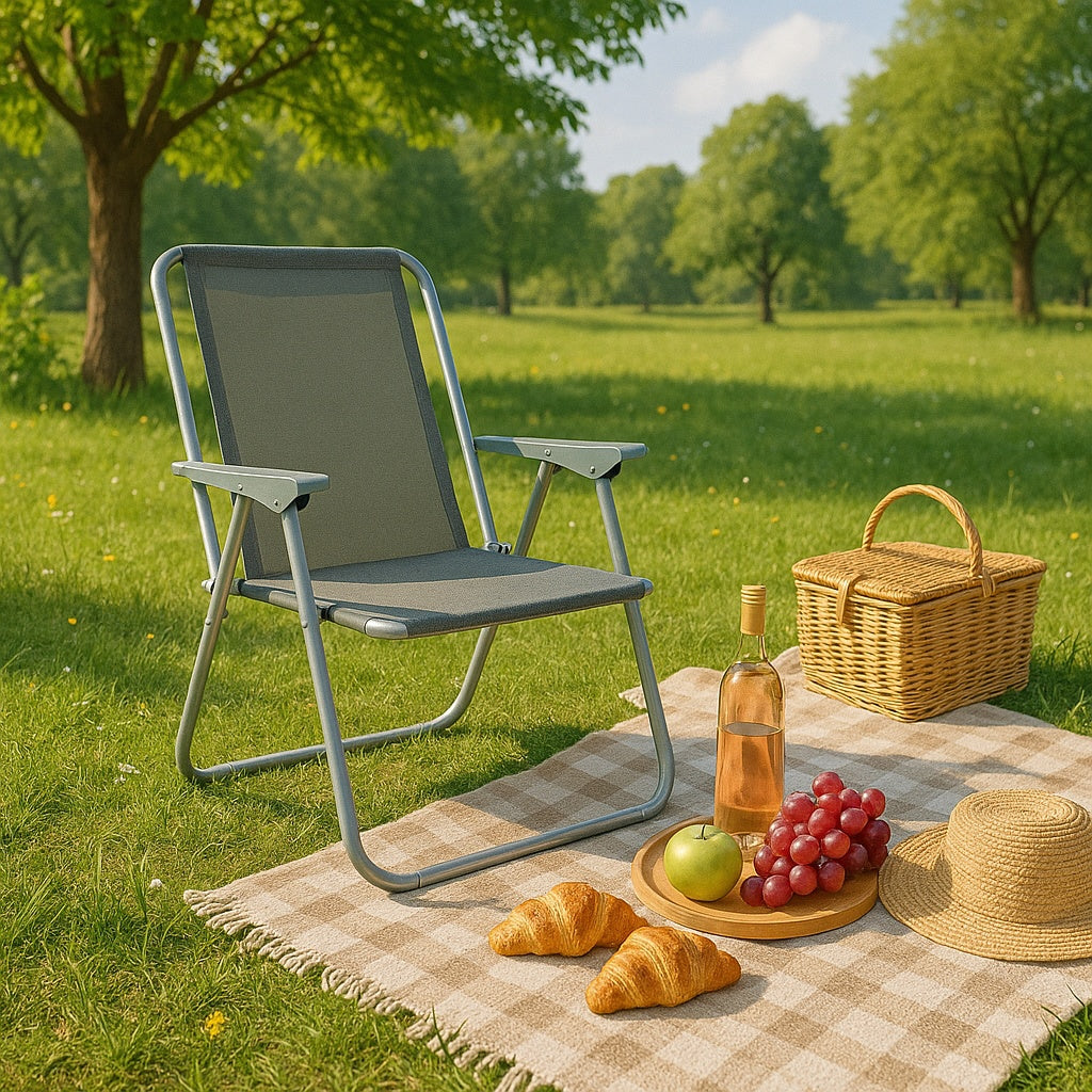 Silla de Playa Plegable Compacta, Ultraligera, con Respaldo Alto y Reposabrazos, Fácil de Transportar, Ideal para Playa, Camping, Terraza, Jardín, Balcón y Exterior