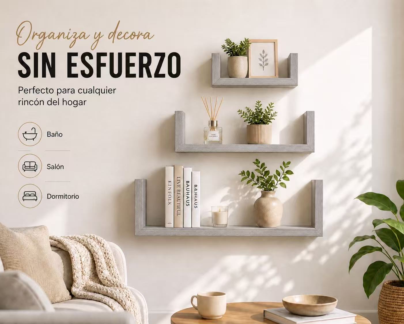 Estanterías de Pared Flotantes Set de 3, Baldas Decorativas en U de Madera, Repisas Modernas para Salón, Dormitorio, Baño y Cocina, Estantes Minimalistas con Soporte Invisible