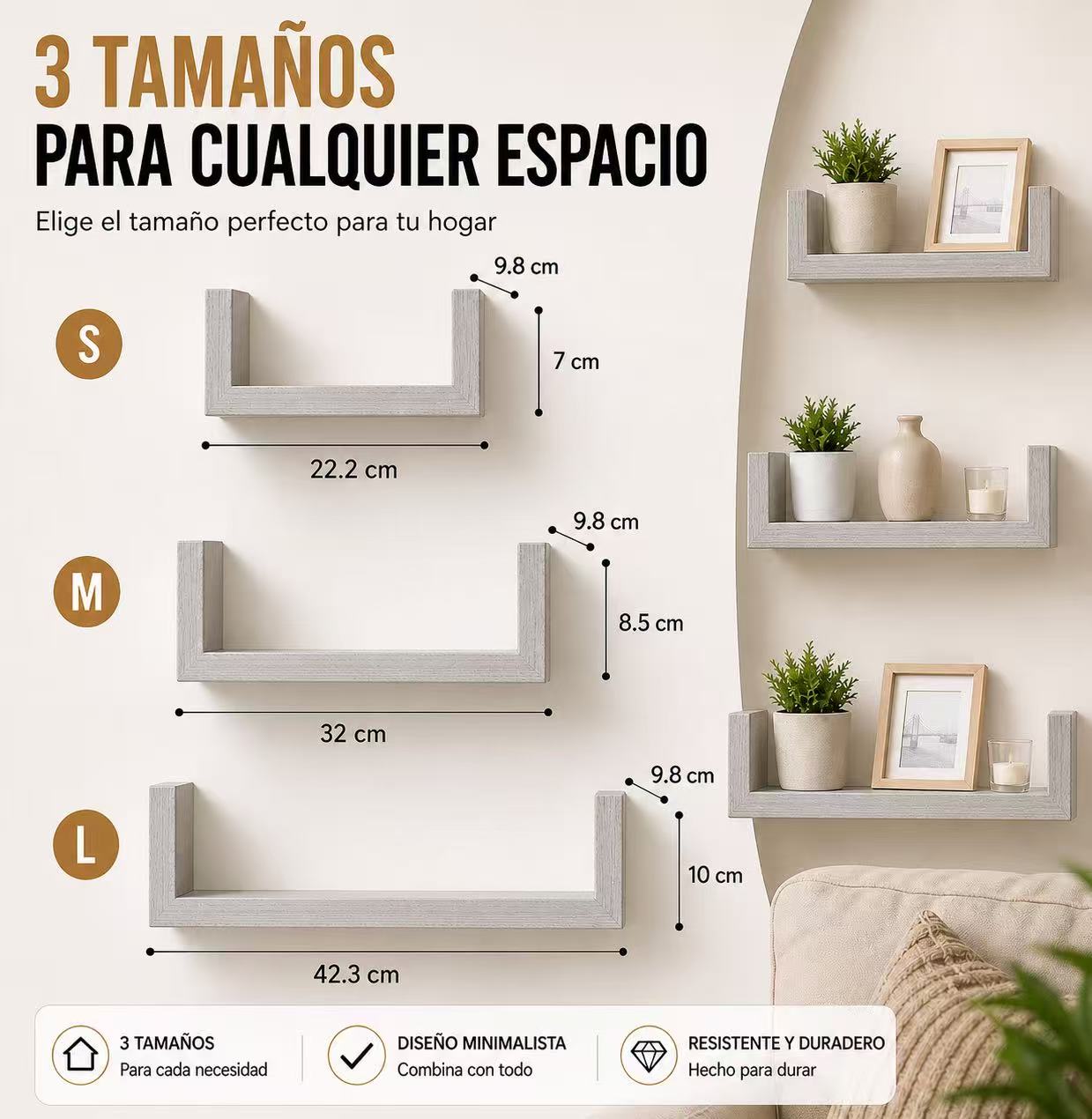 Estanterías de Pared Flotantes Set de 3, Baldas Decorativas en U de Madera, Repisas Modernas para Salón, Dormitorio, Baño y Cocina, Estantes Minimalistas con Soporte Invisible