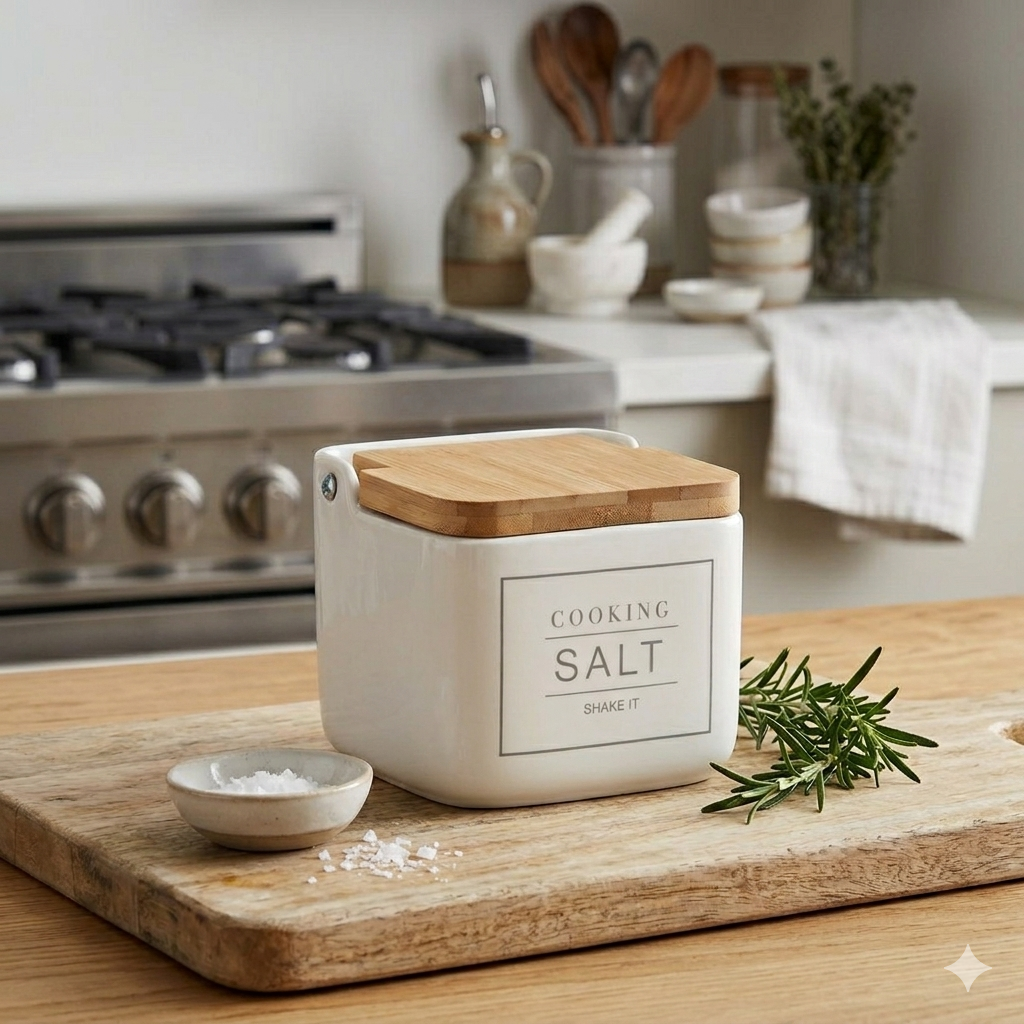 Salero de Cerámica con Tapa de Bambú, 700 ml, Recipiente de Sal y Especias, Diseño Moderno para Cocina