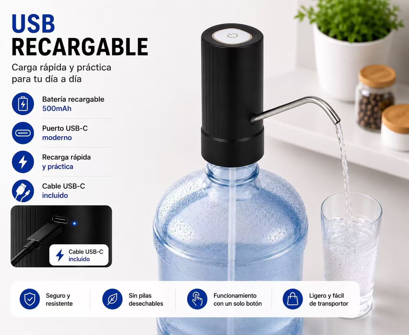Dispensador de Agua para Garrafas 5L-20L, Bomba de Agua Eléctrica Automática USB-C Recargable, Adaptador Universal, Tubo de Acero Inoxidable, Compatible con la Mayoría de Bidones