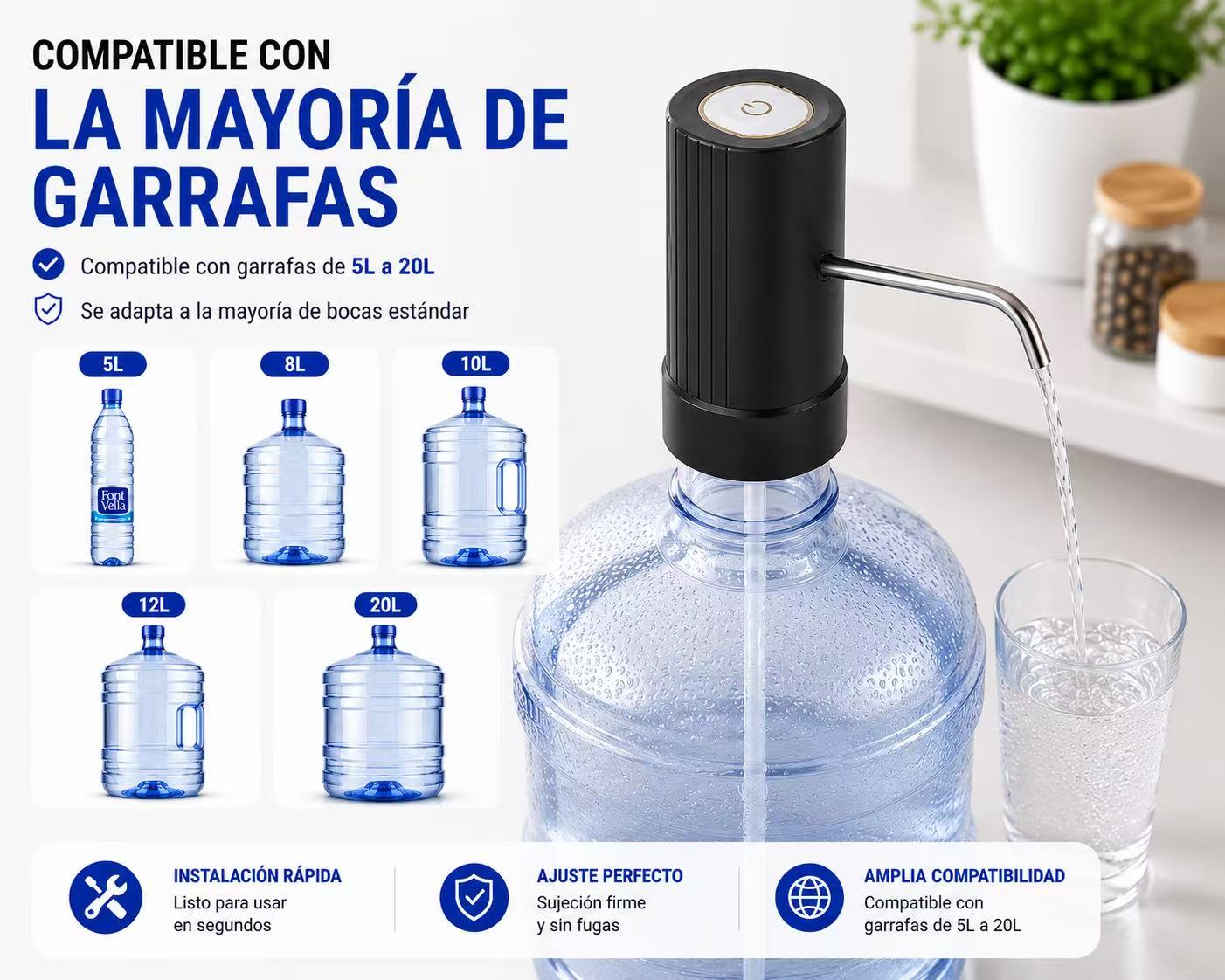 Dispensador de Agua para Garrafas 5L-20L, Bomba de Agua Eléctrica Automática USB-C Recargable, Adaptador Universal, Tubo de Acero Inoxidable, Compatible con la Mayoría de Bidones