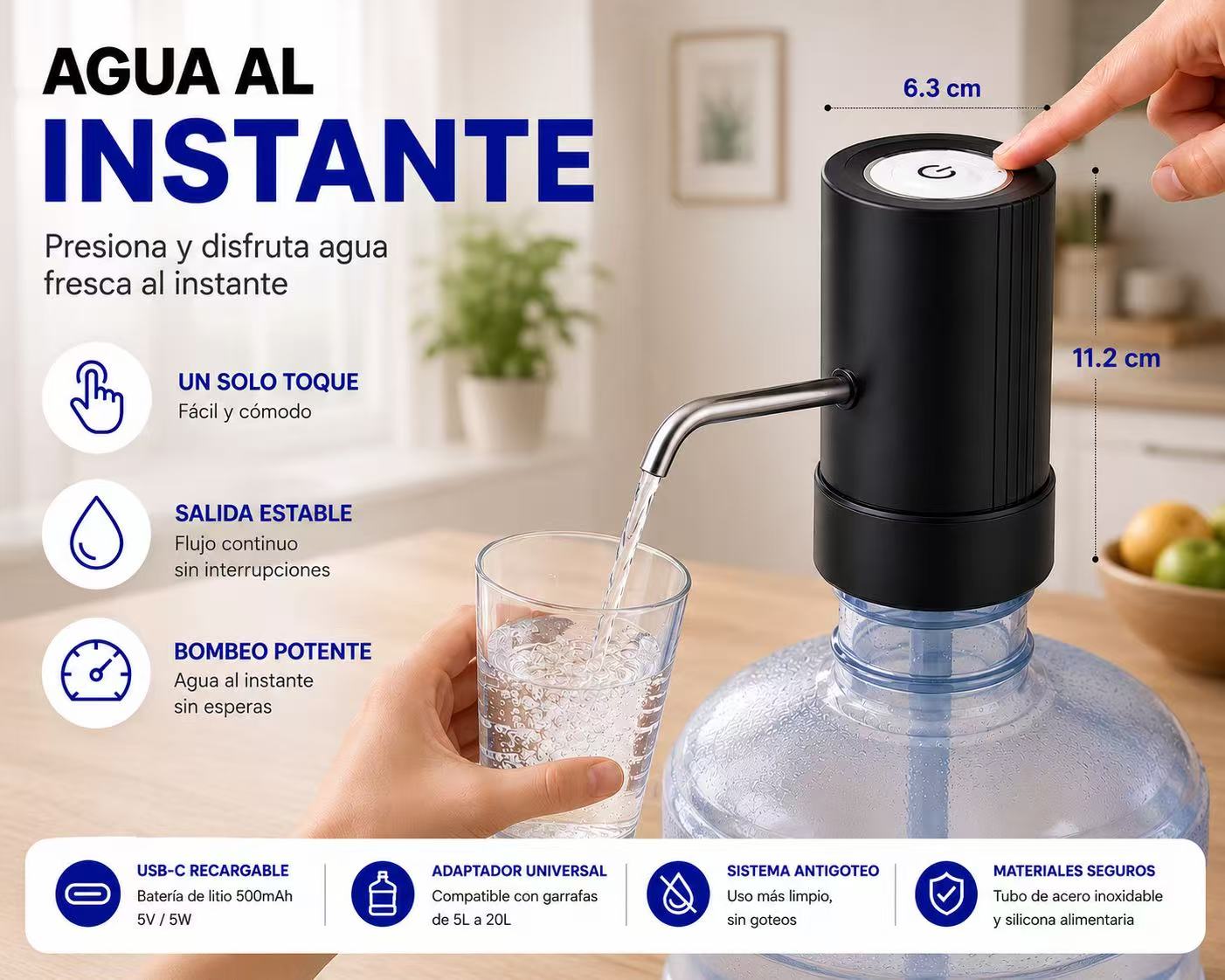 Dispensador de Agua para Garrafas 5L-20L, Bomba de Agua Eléctrica Automática USB-C Recargable, Adaptador Universal, Tubo de Acero Inoxidable, Compatible con la Mayoría de Bidones