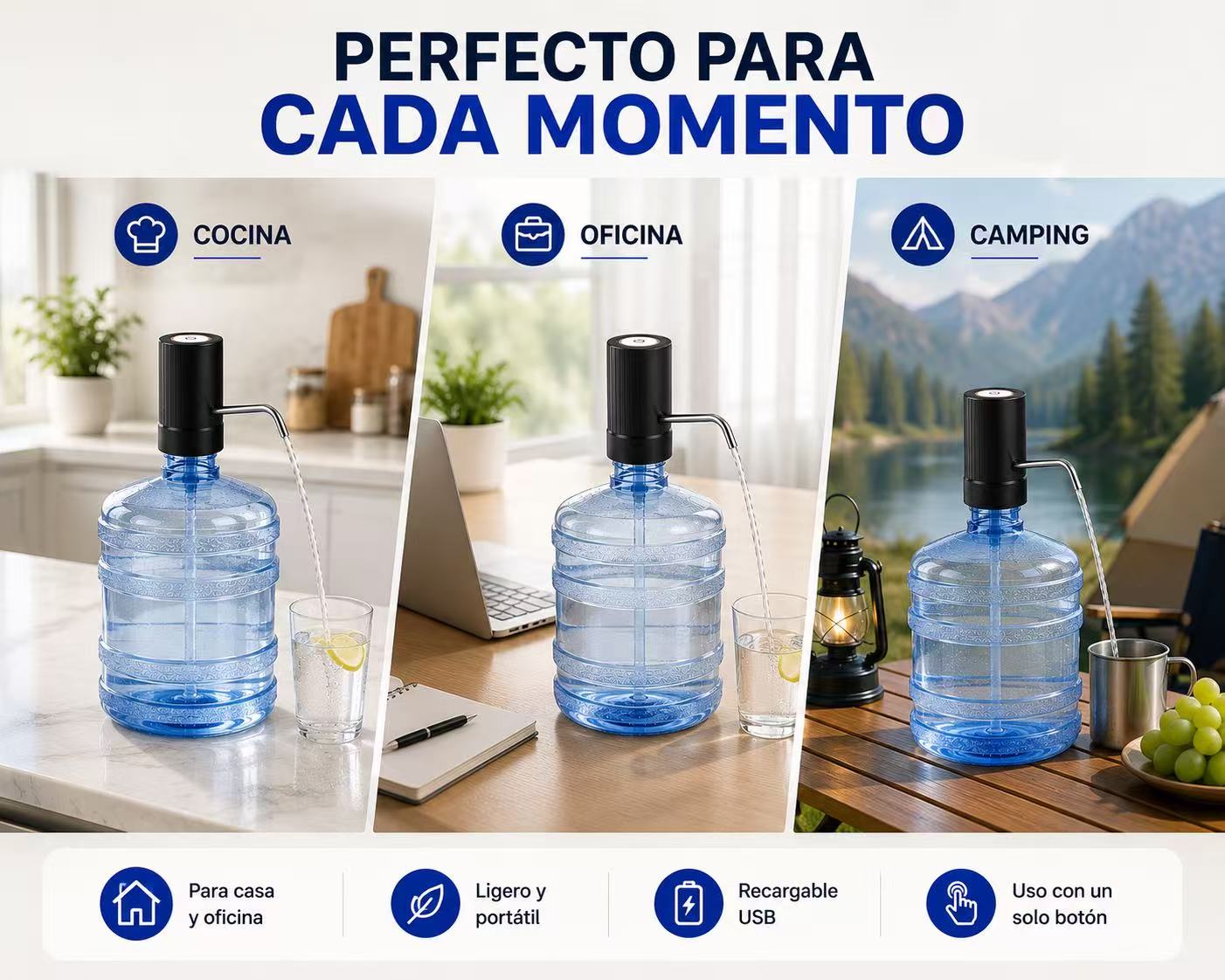 Dispensador de Agua para Garrafas 5L-20L, Bomba de Agua Eléctrica Automática USB-C Recargable, Adaptador Universal, Tubo de Acero Inoxidable, Compatible con la Mayoría de Bidones