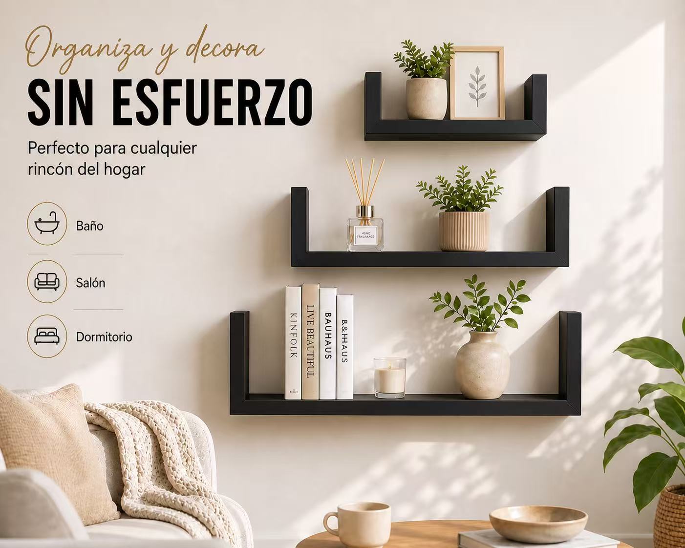 Estanterías de Pared Flotantes Set de 3, Baldas Decorativas en U de Madera, Repisas Modernas para Salón, Dormitorio, Baño y Cocina, Estantes Minimalistas con Soporte Invisible