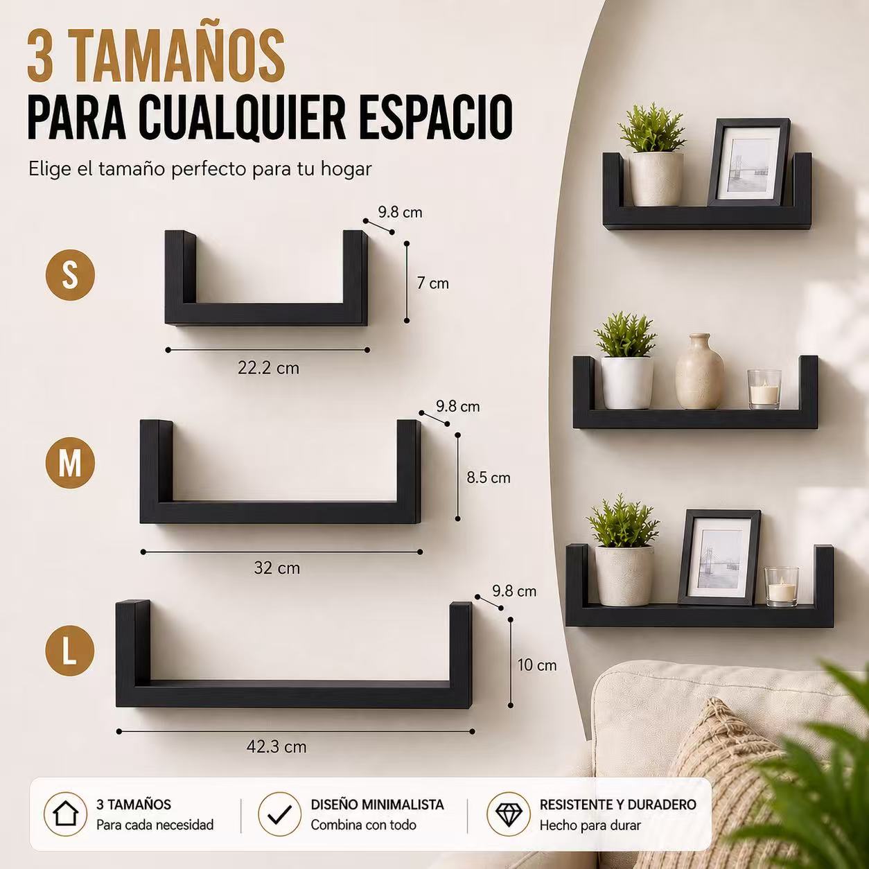 Estanterías de Pared Flotantes Set de 3, Baldas Decorativas en U de Madera, Repisas Modernas para Salón, Dormitorio, Baño y Cocina, Estantes Minimalistas con Soporte Invisible