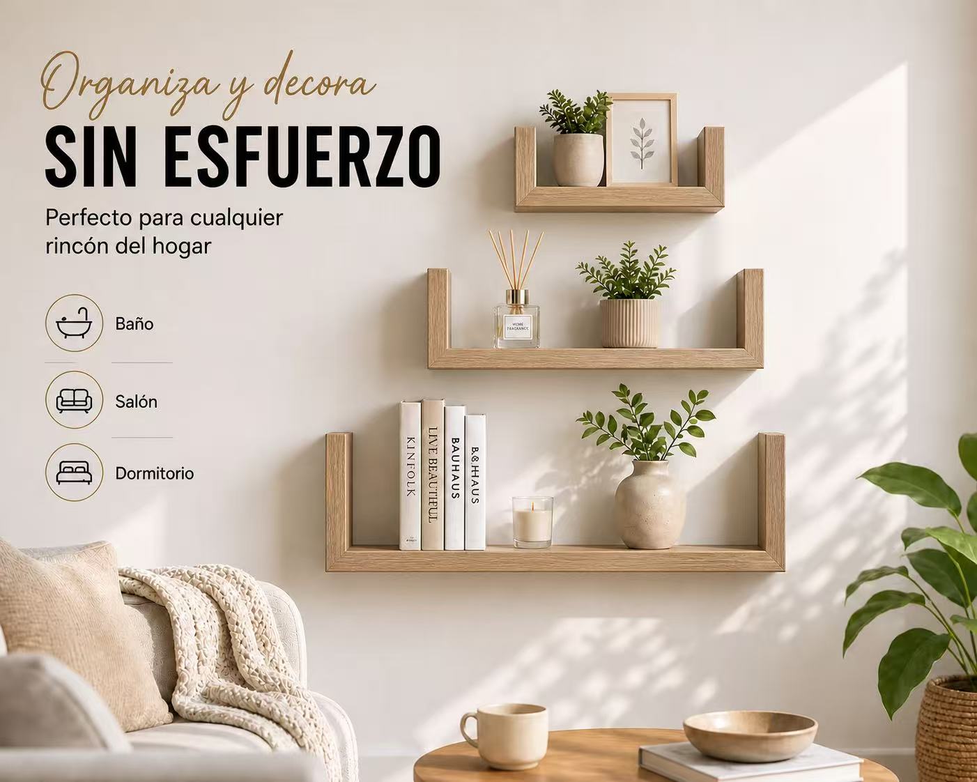 Estanterías de Pared Flotantes Set de 3, Baldas Decorativas en U de Madera, Repisas Modernas para Salón, Dormitorio, Baño y Cocina, Estantes Minimalistas con Soporte Invisible