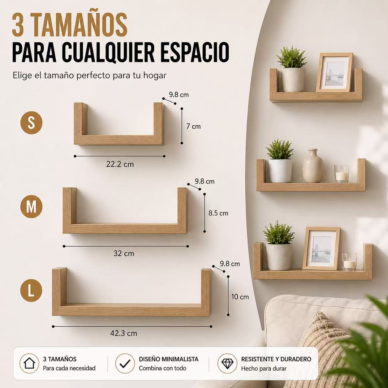 Estanterías de Pared Flotantes Set de 3, Baldas Decorativas en U de Madera, Repisas Modernas para Salón, Dormitorio, Baño y Cocina, Estantes Minimalistas con Soporte Invisible