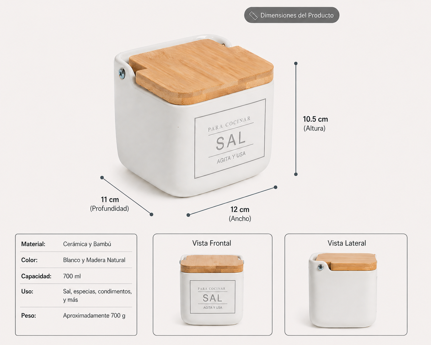 Salero de Cerámica con Tapa de Bambú, 700 ml, Recipiente de Sal y Especias, Diseño Moderno para Cocina