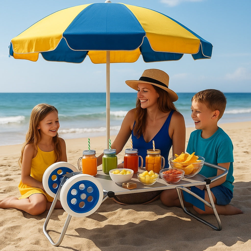 Carro de Playa Plegable Carrito Transporte con Ruedas Grandes Todo Terreno, Estructura Ligera de Aluminio, Bolsa de Almacenaje, Ideal para Vacaciones y Camping