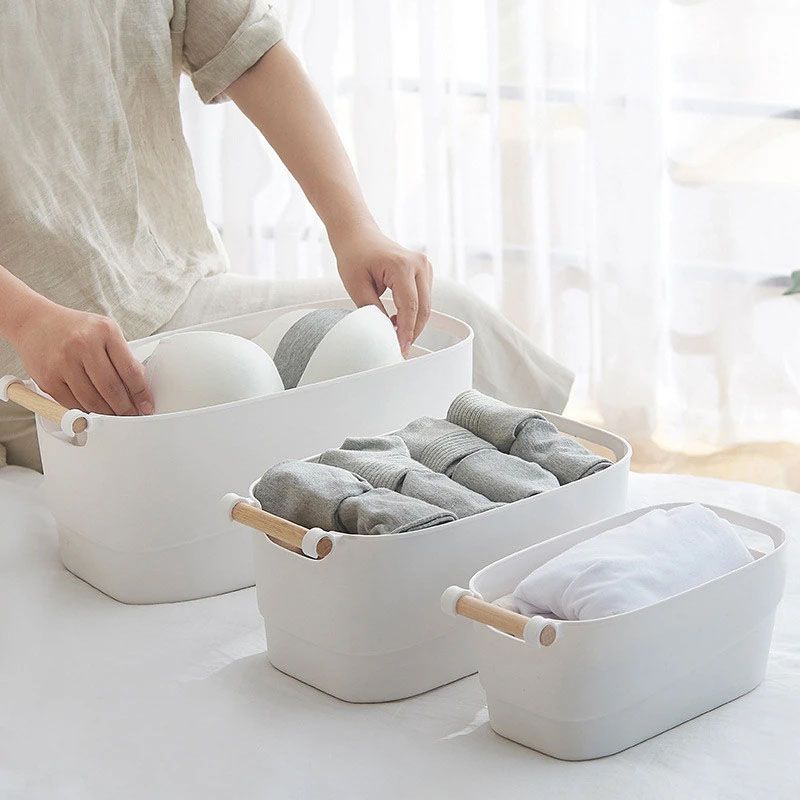 DAMDAM GO Juego de Cestas de Plástico, Cajas Organizadoras con Asa, Cesta de Ordenación para Cocina, Baño, Armario, Color Blanco