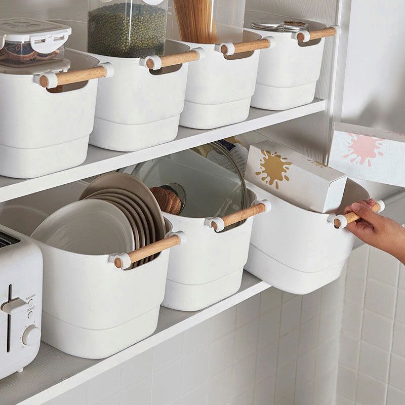 DAMDAM GO Juego de Cestas de Plástico, Cajas Organizadoras con Asa, Cesta de Ordenación para Cocina, Baño, Armario, Color Blanco