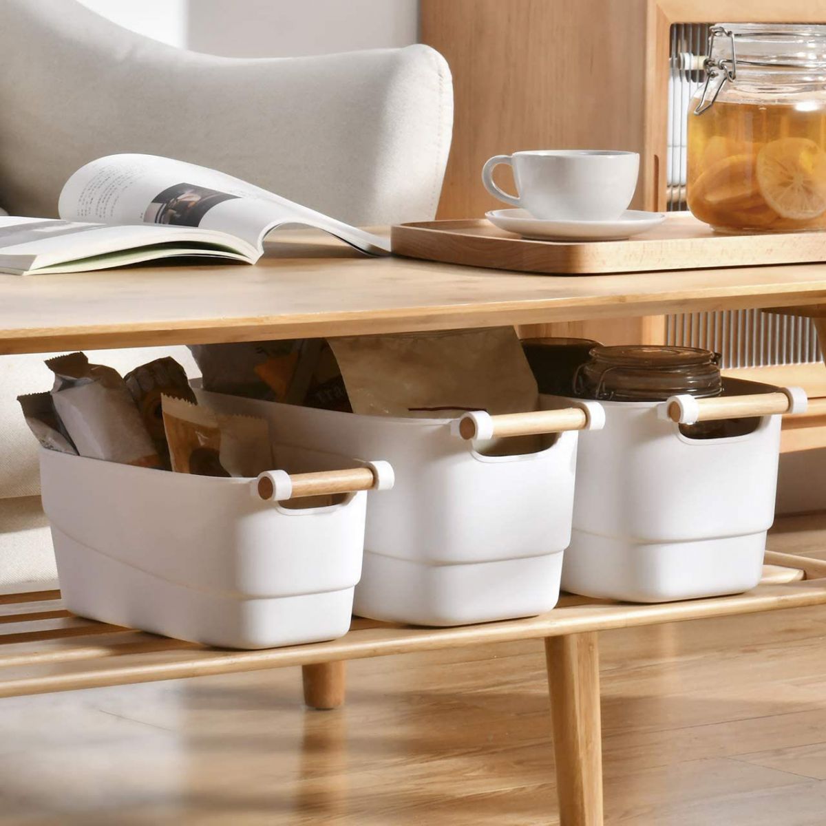 DAMDAM GO Juego de Cestas de Plástico, Cajas Organizadoras con Asa, Cesta de Ordenación para Cocina, Baño, Armario, Color Blanco