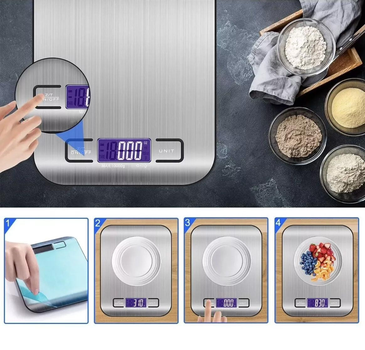 Bascula de Cocina Digital, Alta Precisión 1g, Acero Inoxidable con Pantalla LCD, Función Tara y Conversión de Unidades g/kg/lb/oz, Capacidad Máxima 5kg para Repostería y Cocina