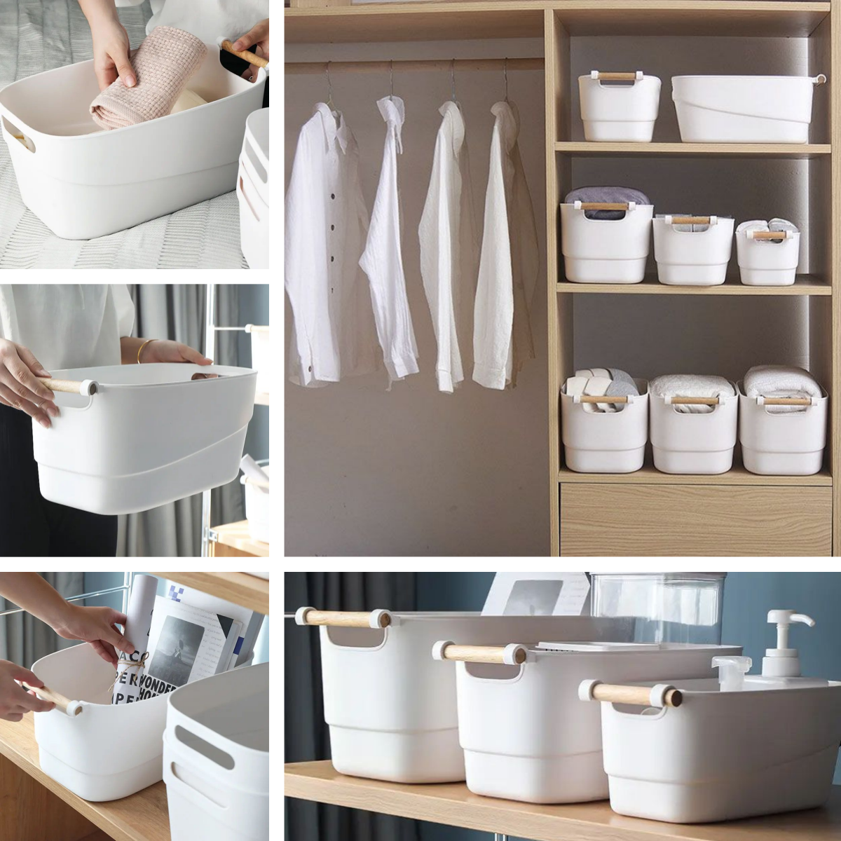 DAMDAM GO Juego de Cestas de Plástico, Cajas Organizadoras con Asa, Cesta de Ordenación para Cocina, Baño, Armario, Color Blanco