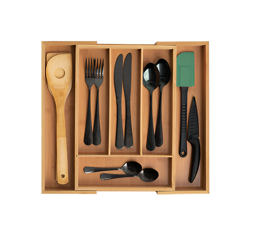 DAMDAM GO Cubertero Cajon, Organizador de Cubiertos, Cubertero Mandera Bambu 6 Compartimentos - Extensible