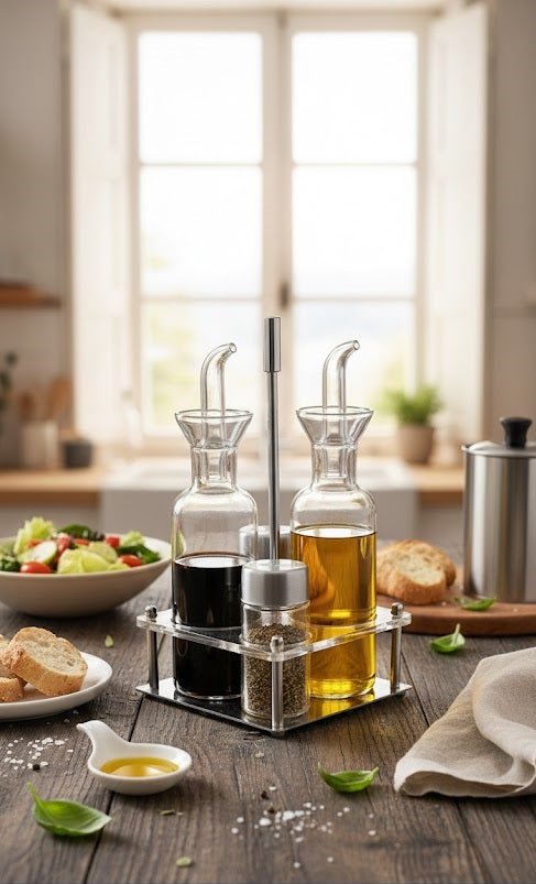 Juego Aceitera de Vidrio Antigoteo 4 Piezas con Soporte