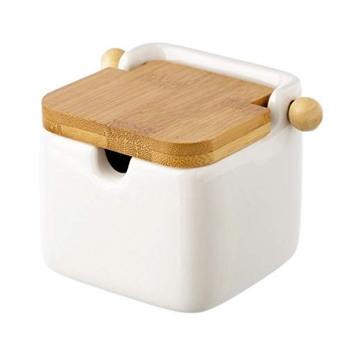 Salero y azucarero de Cocina Blanco de Ceramica con Tapa de Madera.