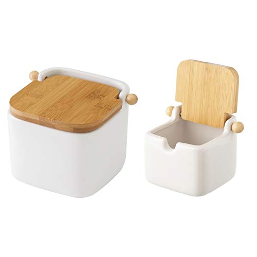 Salero y azucarero de Cocina Blanco de Ceramica con Tapa de Madera.