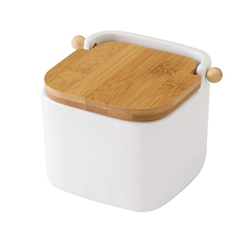 Salero y azucarero de Cocina Blanco de Ceramica con Tapa de Madera.