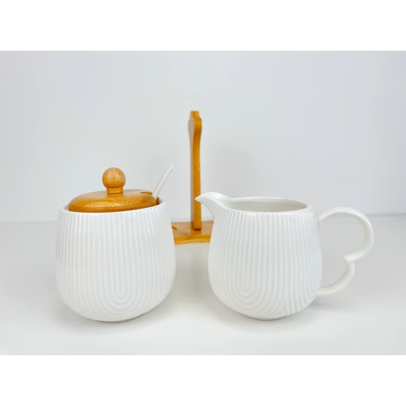 Sarero y Azucarero de Porcelana Blanco con Tapa de Madera Estilo Nordico…