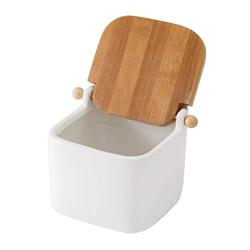 Salero y azucarero de Cocina Blanco de Ceramica con Tapa de Madera.