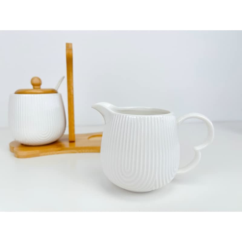 Sarero y Azucarero de Porcelana Blanco con Tapa de Madera Estilo Nordico…