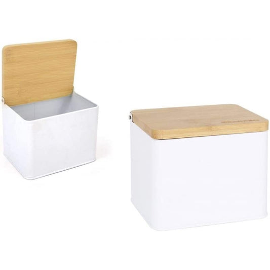 Salero Cocina Tapa Bambu Metal Blanco 14x11x11 cm