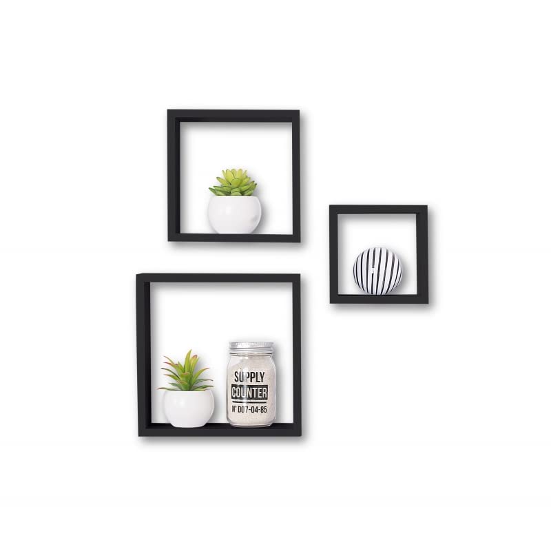 Estantería Pared en Forma de Cuadrado, Set de 3 Estantes Flotantes Juego de Baldas para Libros y Objetos de decoración - Negro