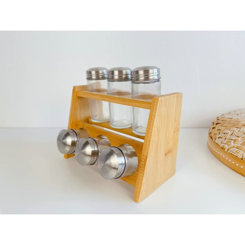 Especiero de 8 Botes con Soporte de Madera bambú