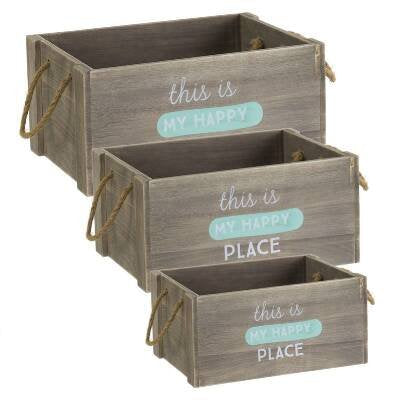 Juego 3 cajas multiusos original con mensaje "HAPPY" de madera