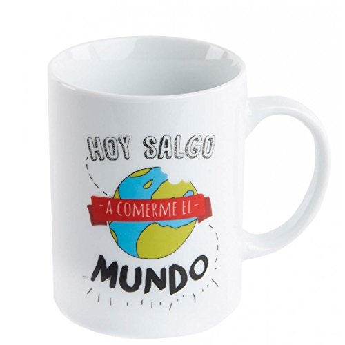 Taza hoy salgo a comerme el mundo " en caja de regalo