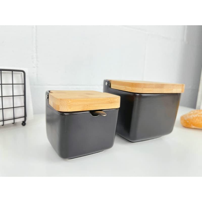 Salero y azucarero Cocina Negro Ceramica con Tapa Madera para Cocina Factory