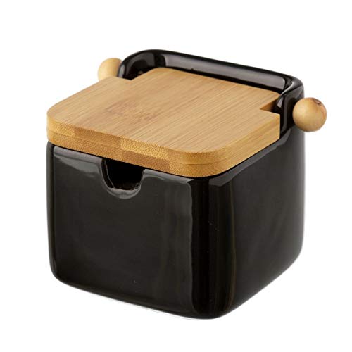 Salero y azucarero de Cocina Blanco de Ceramica con Tapa de Madera.