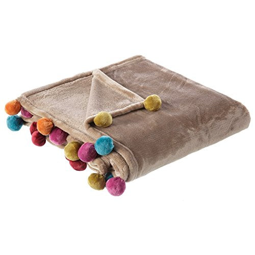 MANTA SOFA MICROFIBRA CON 20 POM POM MULTICOLOR (BEIGE)